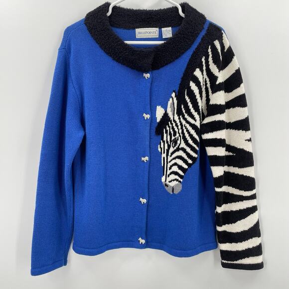 Vtg. BellePointe Women's Zebra Cardigan Sweater, Sz. L, Safari Zebra Buttons - Picture 1 of 6